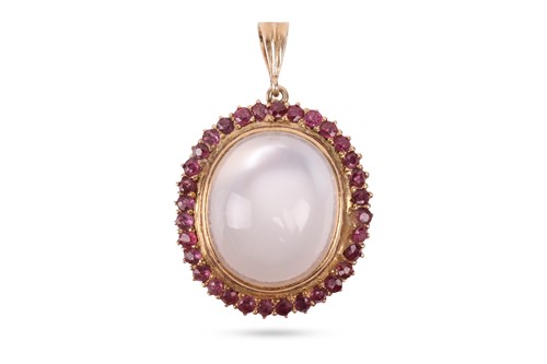 Lot 79 - A moonstone and ruby cluster pendant,...