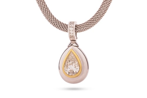 Lot 45 - A pear-cut diamond pendant necklace; featuring...