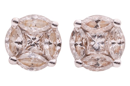 Lot 13 - A pair of diamond cluster stud earrings; each...