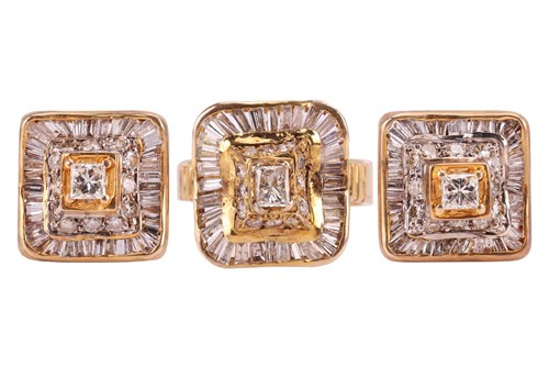 Lot 149 - A diamond-set ring and earrings suite, the...