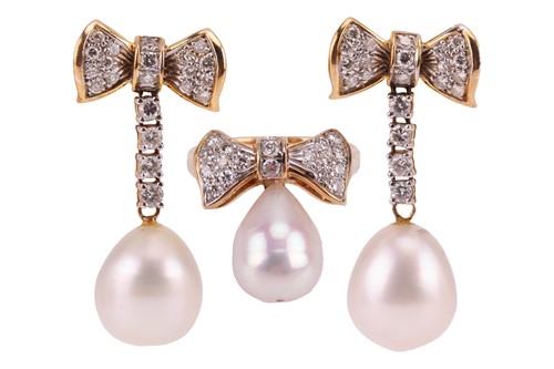 Lot 5 - A pearl and diamond-set ring and earrings...