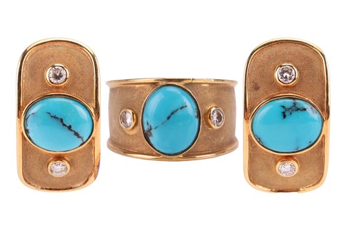 Lot 160 - A turquoise-set ring and earrings suite, the...