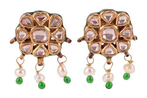 Lot 130 - A pair of Indian gem-set drop earrings, the...
