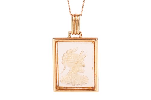 Lot 25 - A citrine intaglio pendant on chain, the...