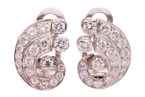 Lot 192 - A pair of diamond-set earrings of scroll...