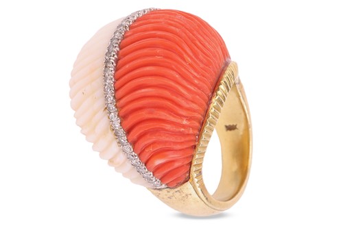 Lot 156 - A carved precious coral and diamond cocktail...