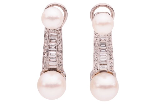 Lot 125 - A pair of pearl and diamond-set earrings, each...