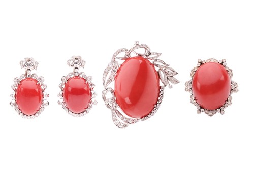 Lot 226 - A precious coral pendant, earring and ring...