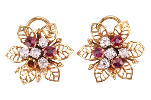 Lot 51 - A pair of ruby and diamond floral clip-on...