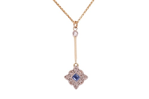 Lot 213 - A sapphire and diamond pendant on chain, the...