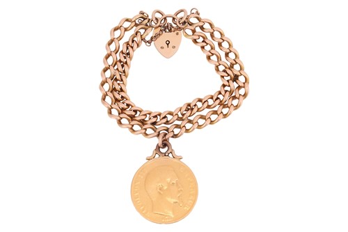 Lot 196 - A 9ct gold bracelet with coin charm, two rows...