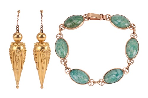 Lot 228 - A pair of Etruscan Revival drop earrings and a...