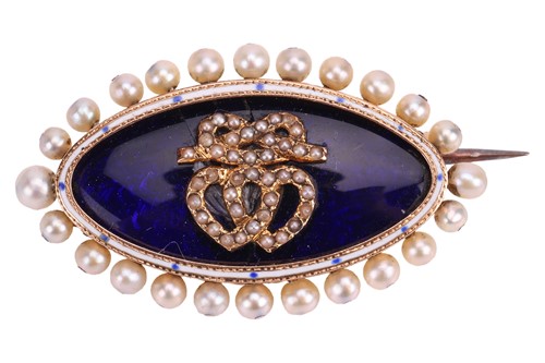 Lot 200 - A Victorian enamel and pearl lover brooch, the...