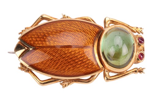 Lot 142 - A gem-set enamel scarab brooch in 18ct gold,...