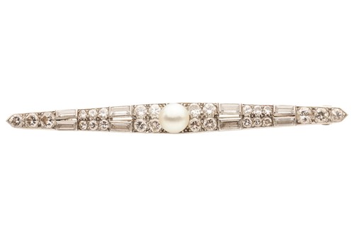 Lot 253 - Cartier - an Art Deco diamond and pearl bar...