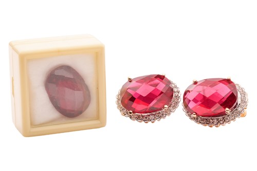 Lot 290 - A pair of synthetic ruby and diamond halo...