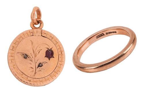 Lot 175 - A wedding band and a gem-set locket charm; the...