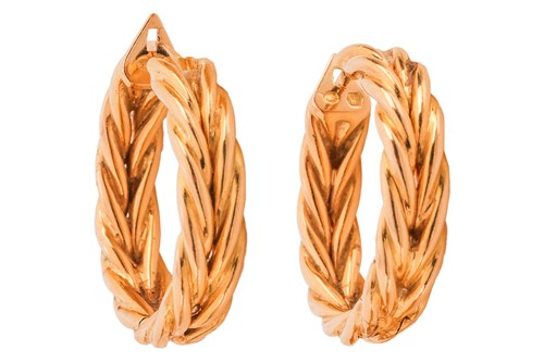 Lot 186 - A pair of hoop earrings, in braided design,...