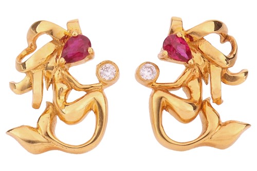 Lot 154 - A pair of modern ruby and diamond mermaid ear...