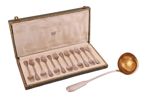 Lot 465 - A cased set of twelve French silver oyster...