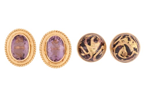 Lot 24 - Two pairs of 18ct gold and gem set ear clips,...
