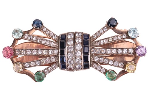 Lot 106 - A multi-gem set duette double clip brooch, of...