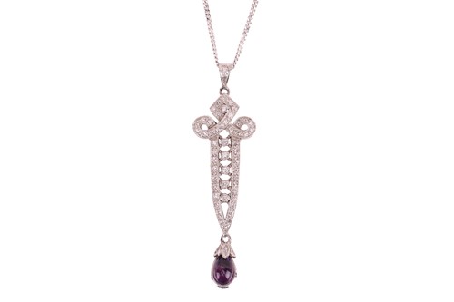Lot 209 - A 9ct white gold and diamond sword pendant, of...