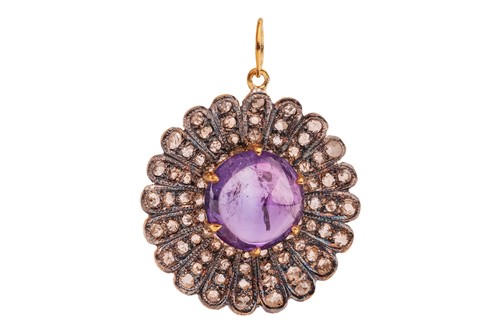 Lot 62 - An amethyst and diamond floral cluster pendant,...