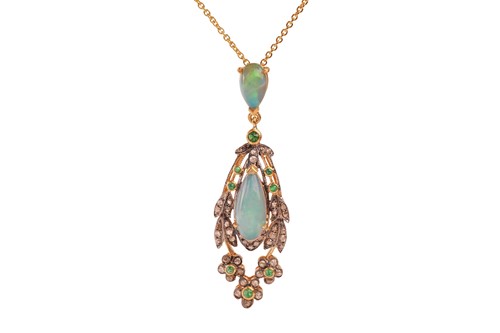 Lot 229 - A gem-set garland pendant on chain, the drop...