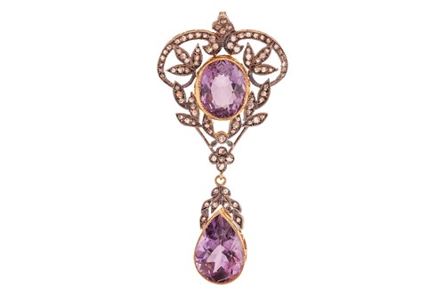 Lot 64 - An amethyst and diamond drop pendant, of...
