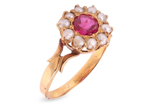 Lot 12 - A synthetic-ruby and keshi pearl cluster ring,...