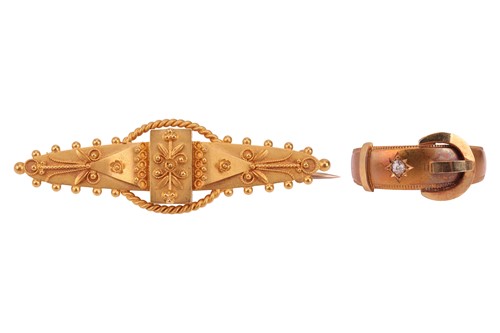 Lot 19 - A Victorian ring and bar brooch; the ring is...