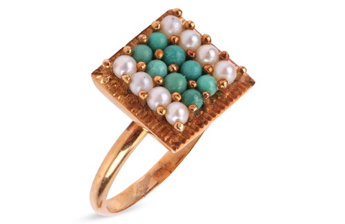 Lot 231 - A dress ring set with seed pearl and turquoise...