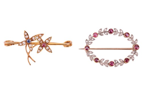 Lot 282 - Two Edwardian gem-set brooches; the first of...