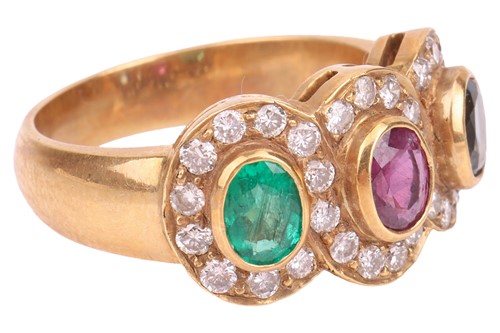 Lot 176 - A multi-gem triple cluster ring, bezel-set...