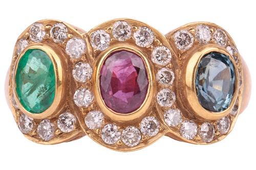 Lot 176 - A multi-gem triple cluster ring, bezel-set...