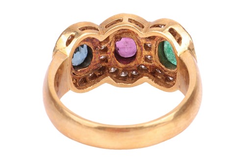 Lot 176 - A multi-gem triple cluster ring, bezel-set...