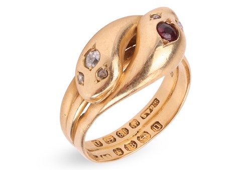 Lot 184 - A Victorian gem-set double serpent ring in...