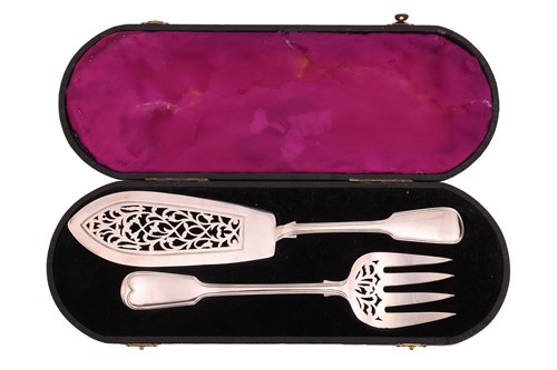 Lot 451 - A cased pair of Victorian fish servers; fiddle...