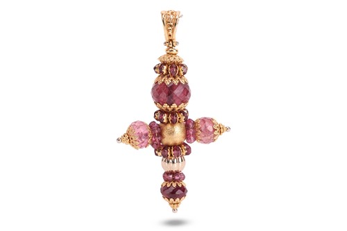 Lot 69 - A tourmaline beaded cross pendant, the...