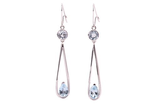 Lot 306 - A pair of drop earrings set with aquamarine...