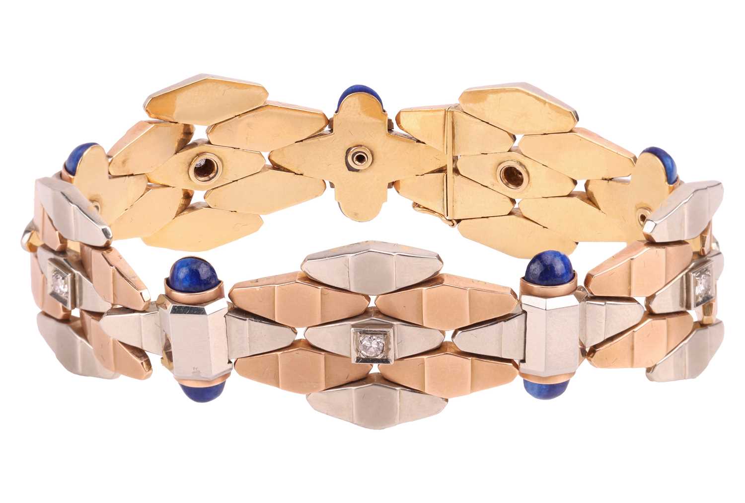 Lot 123 - A gem-set tri-toned bracelet, circa 1940s,...