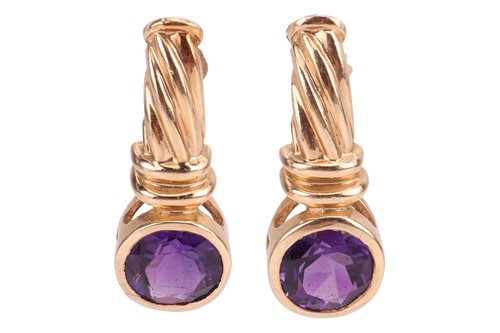 Lot 125 - A pair of amethyst earrings, of twisted rope...