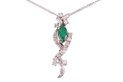 Lot 150 - An emerald and diamond-set pendant, claw-set...