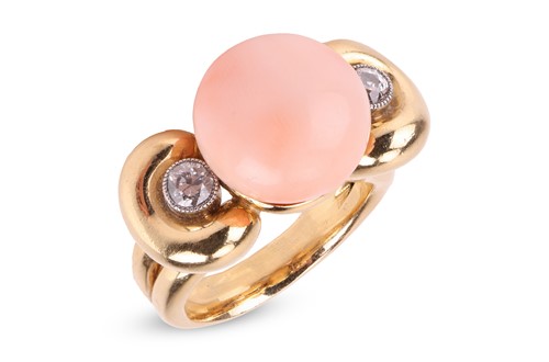 Lot 70 - An angelskin coral and diamond dress ring,...