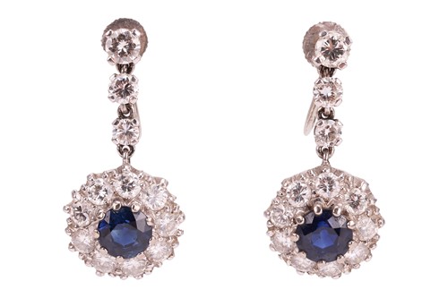 Lot 179 - A pair of sapphire and diamond cluster drop...