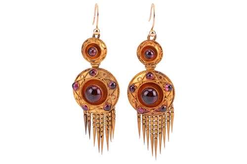 Lot 14 - A pair of Etruscan Revival drop earrings set...