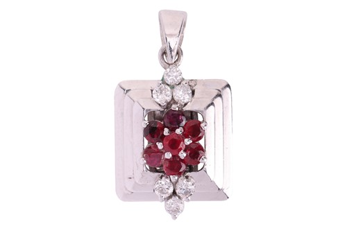 Lot 277 - A gem-set cluster pendant, claw-set with round-...