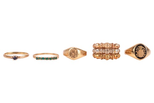 Lot 168 - Five rings; comprising a tri-tone ring, of...