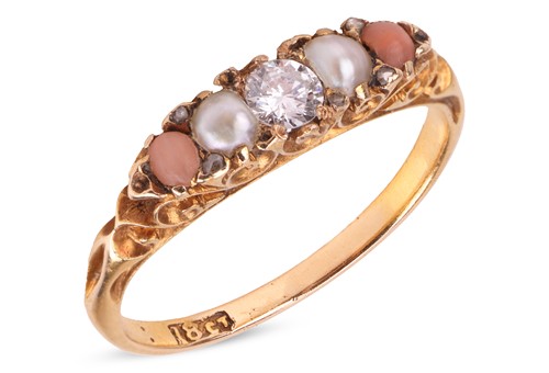 Lot 21 - A diamond, pearl and coral half-hoop ring,...